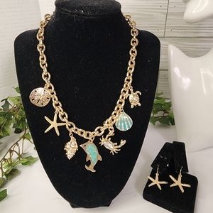 Gold Chain Necklace Sealife Charms with Starfish Earrings Set